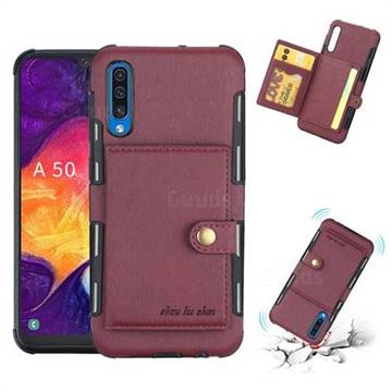 Brush Multi-function Leather Phone Case for Samsung Galaxy A50 - Wine Red