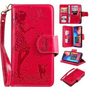 Embossing Cat Girl 9 Card Leather Wallet Case for Samsung Galaxy A50 - Red