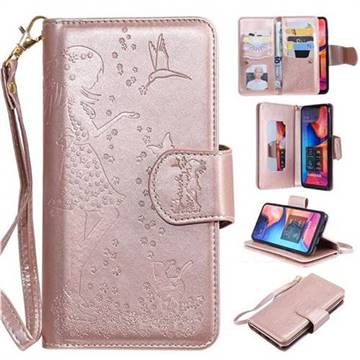 Embossing Cat Girl 9 Card Leather Wallet Case for Samsung Galaxy A50 - Rose Gold