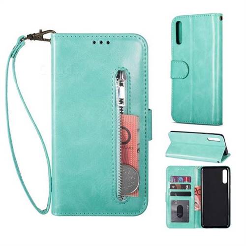 Retro Calfskin Zipper Leather Wallet Case Cover for Samsung Galaxy A50 - Mint Green
