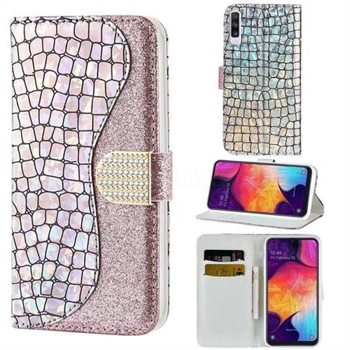 Glitter Diamond Buckle Laser Stitching Leather Wallet Phone Case for Samsung Galaxy A50 - Pink