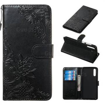 Intricate Embossing Lotus Mandala Flower Leather Wallet Case for Samsung Galaxy A50 - Black