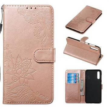 Intricate Embossing Lotus Mandala Flower Leather Wallet Case for Samsung Galaxy A50 - Rose Gold