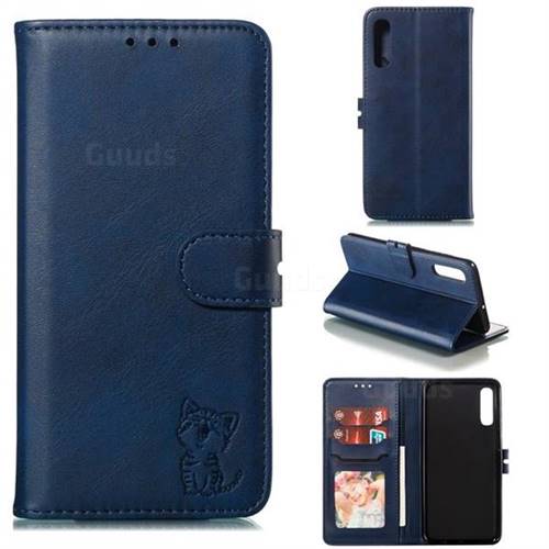 Embossing Happy Cat Leather Wallet Case for Samsung Galaxy A50 - Blue