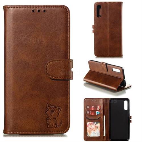 Embossing Happy Cat Leather Wallet Case for Samsung Galaxy A50 - Brown