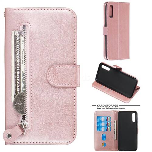 Retro Luxury Zipper Leather Phone Wallet Case for Samsung Galaxy A50 - Pink