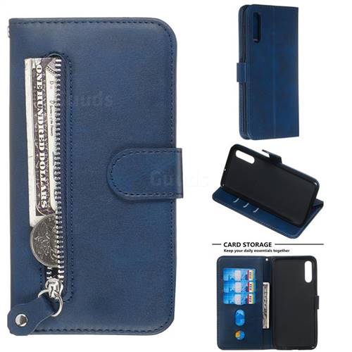 Retro Luxury Zipper Leather Phone Wallet Case for Samsung Galaxy A50 - Blue