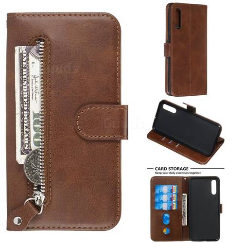 Retro Luxury Zipper Leather Phone Wallet Case for Samsung Galaxy A50 - Brown