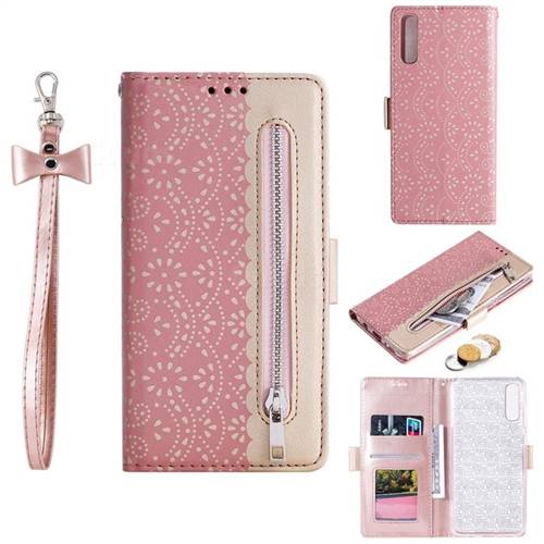 Luxury Lace Zipper Stitching Leather Phone Wallet Case for Samsung Galaxy A50 - Pink