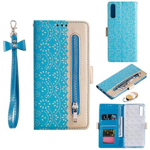 Luxury Lace Zipper Stitching Leather Phone Wallet Case for Samsung Galaxy A50 - Blue