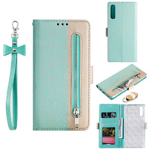 Luxury Lace Zipper Stitching Leather Phone Wallet Case for Samsung Galaxy A50 - Green
