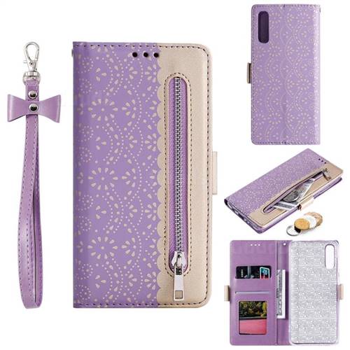 Luxury Lace Zipper Stitching Leather Phone Wallet Case for Samsung Galaxy A50 - Purple