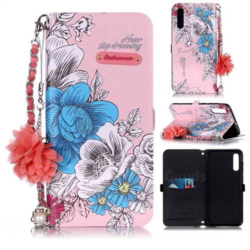 Pink Blue Rose Endeavour Florid Pearl Flower Pendant Metal Strap PU Leather Wallet Case for Samsung Galaxy A50