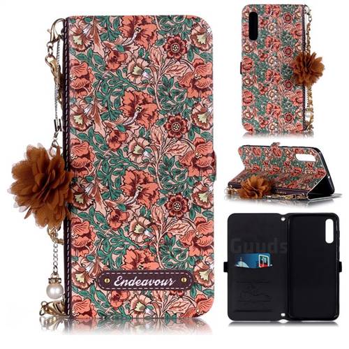Impatiens Endeavour Florid Pearl Flower Pendant Metal Strap PU Leather Wallet Case for Samsung Galaxy A50