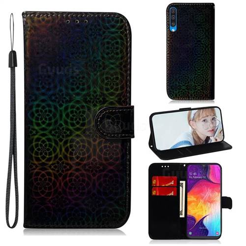 Laser Circle Shining Leather Wallet Phone Case for Samsung Galaxy A50 - Black