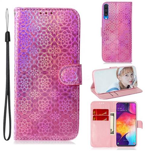 Laser Circle Shining Leather Wallet Phone Case for Samsung Galaxy A50 - Pink