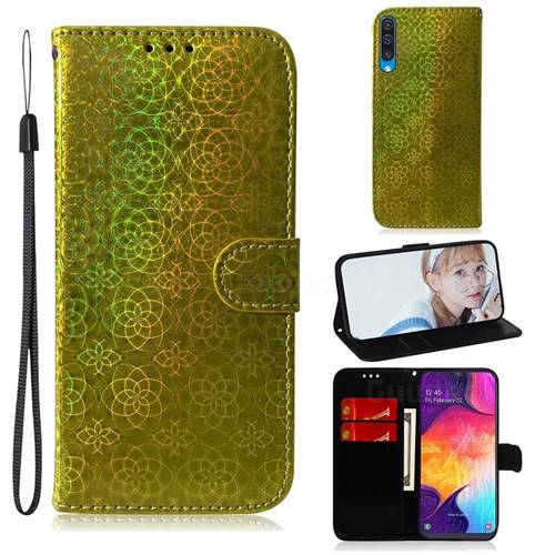 Laser Circle Shining Leather Wallet Phone Case for Samsung Galaxy A50 - Golden