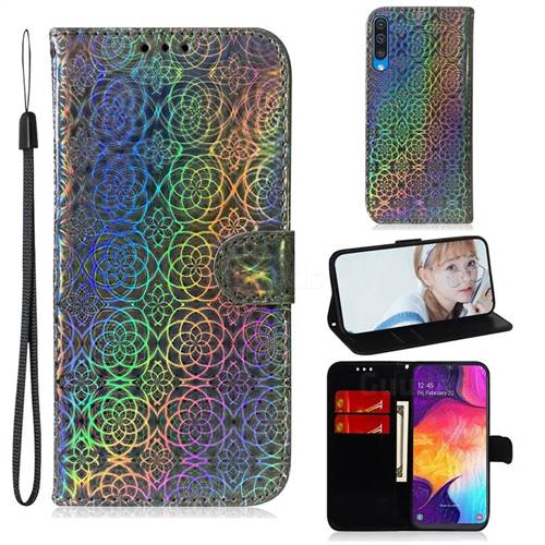 Laser Circle Shining Leather Wallet Phone Case for Samsung Galaxy A50 - Silver