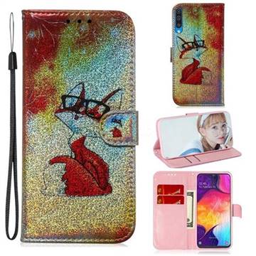 Glasses Fox Laser Shining Leather Wallet Phone Case for Samsung Galaxy A50