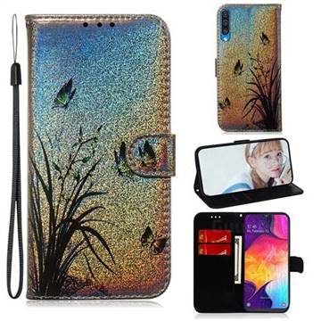 Butterfly Orchid Laser Shining Leather Wallet Phone Case for Samsung Galaxy A50