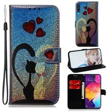 Love Cat Laser Shining Leather Wallet Phone Case for Samsung Galaxy A50