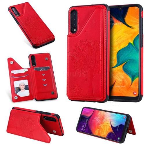 Luxury Tree and Cat Multifunction Magnetic Card Slots Stand Leather Phone Back Cover for Samsung Galaxy A50 - Red