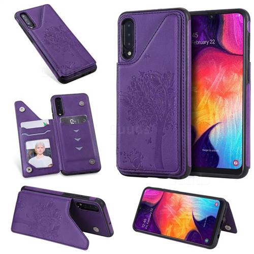 Luxury Tree and Cat Multifunction Magnetic Card Slots Stand Leather Phone Back Cover for Samsung Galaxy A50 - Purple