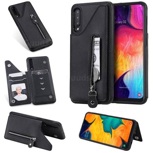 Retro Buckle Zipper Anti-fall Leather Phone Back Cover for Samsung Galaxy A50 - Black