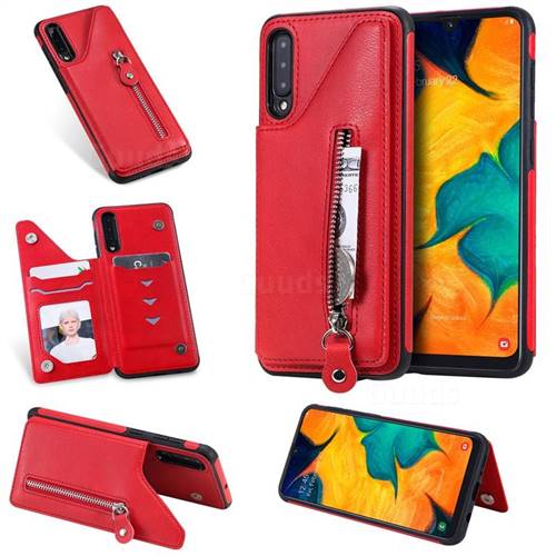 Retro Buckle Zipper Anti-fall Leather Phone Back Cover for Samsung Galaxy A50 - Red
