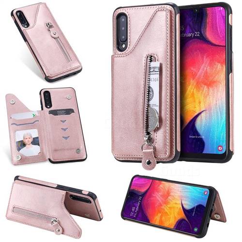 Retro Buckle Zipper Anti-fall Leather Phone Back Cover for Samsung Galaxy A50 - Pink