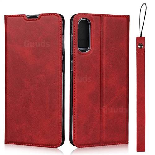 Calf Pattern Magnetic Automatic Suction Leather Wallet Case for Samsung Galaxy A50 - Red