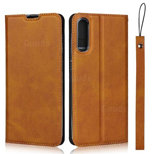 Calf Pattern Magnetic Automatic Suction Leather Wallet Case for Samsung Galaxy A50 - Brown