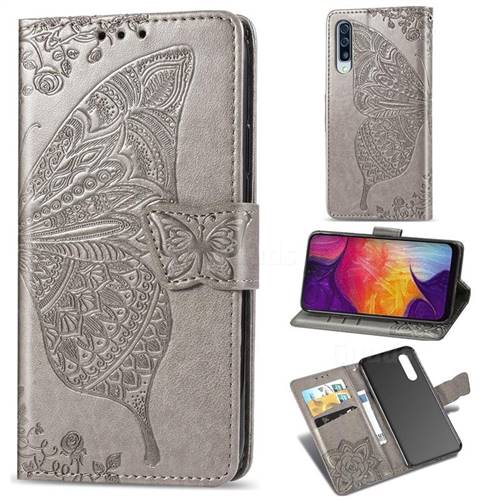 Embossing Mandala Flower Butterfly Leather Wallet Case for Samsung Galaxy A50 - Gray