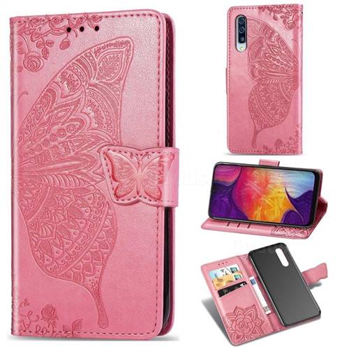 Embossing Mandala Flower Butterfly Leather Wallet Case for Samsung Galaxy A50 - Pink