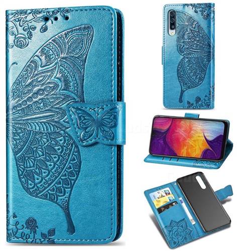 Embossing Mandala Flower Butterfly Leather Wallet Case for Samsung Galaxy A50 - Blue