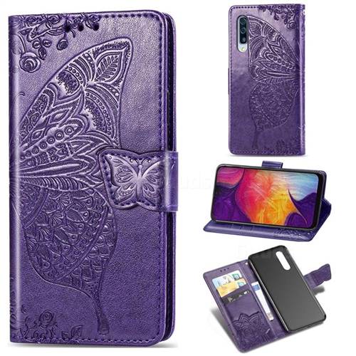 Embossing Mandala Flower Butterfly Leather Wallet Case for Samsung Galaxy A50 - Dark Purple