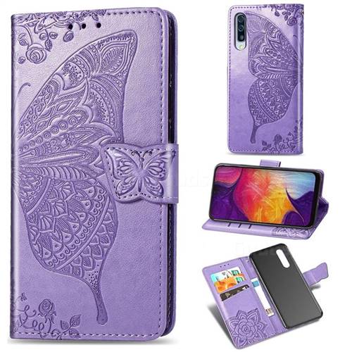 Embossing Mandala Flower Butterfly Leather Wallet Case for Samsung Galaxy A50 - Light Purple