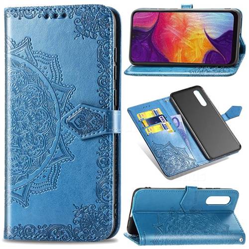 Embossing Imprint Mandala Flower Leather Wallet Case for Samsung Galaxy A50 - Blue