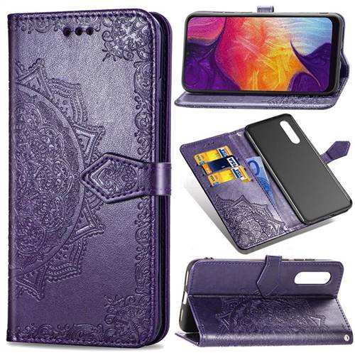 Embossing Imprint Mandala Flower Leather Wallet Case for Samsung Galaxy A50 - Purple