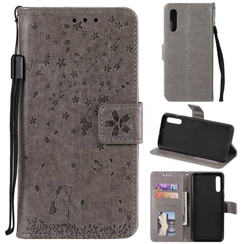Embossing Cherry Blossom Cat Leather Wallet Case for Samsung Galaxy A50 - Gray