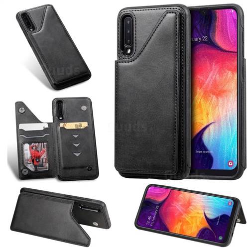 Luxury Multifunction Magnetic Card Slots Stand Calf Leather Phone Back Cover for Samsung Galaxy A50 - Black