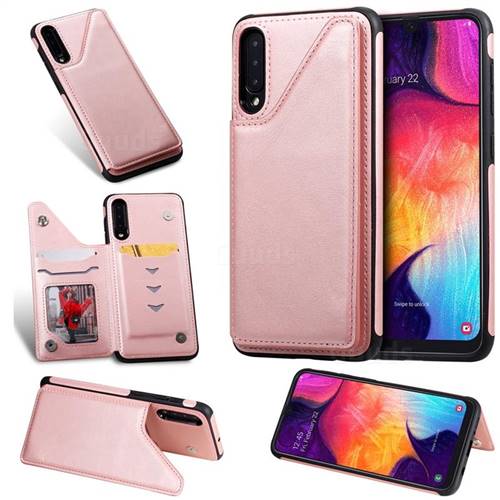 Luxury Multifunction Magnetic Card Slots Stand Calf Leather Phone Back Cover for Samsung Galaxy A50 - Rose Gold