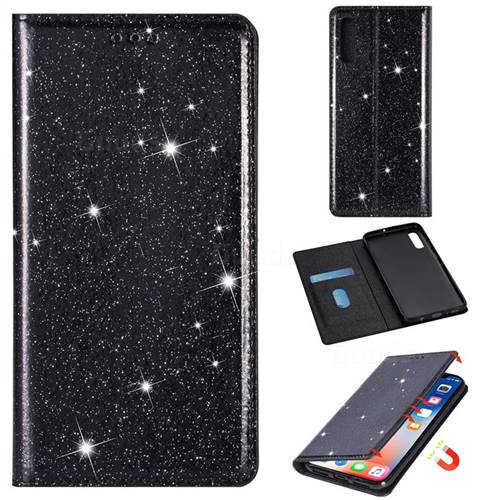 Ultra Slim Glitter Powder Magnetic Automatic Suction Leather Wallet Case for Samsung Galaxy A50 - Black