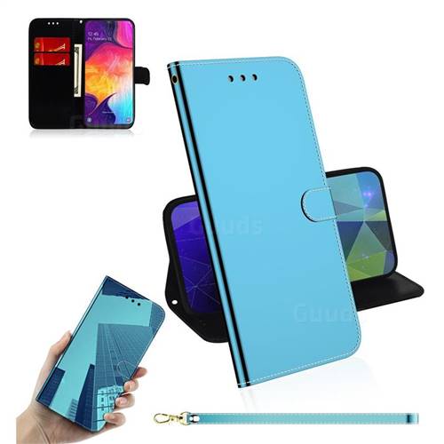 Shining Mirror Like Surface Leather Wallet Case for Samsung Galaxy A50 - Blue