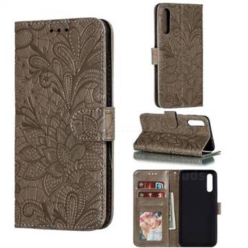 Intricate Embossing Lace Jasmine Flower Leather Wallet Case for Samsung Galaxy A50 - Gray