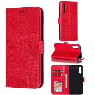 Intricate Embossing Lace Jasmine Flower Leather Wallet Case for Samsung Galaxy A50 - Red