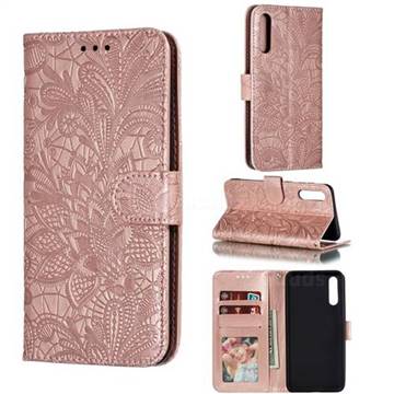Intricate Embossing Lace Jasmine Flower Leather Wallet Case for Samsung Galaxy A50 - Rose Gold