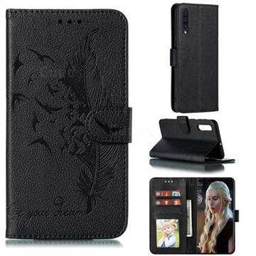 Intricate Embossing Lychee Feather Bird Leather Wallet Case for Samsung Galaxy A50 - Black
