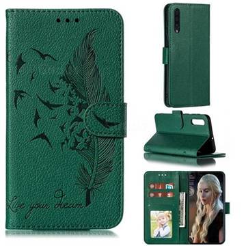 Intricate Embossing Lychee Feather Bird Leather Wallet Case for Samsung Galaxy A50 - Green