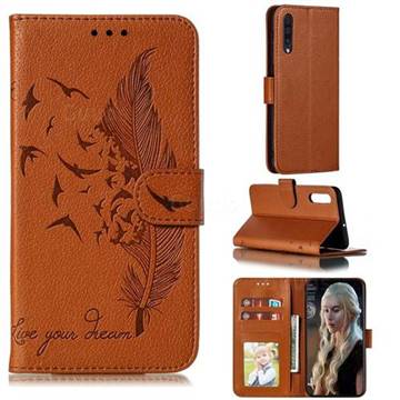 Intricate Embossing Lychee Feather Bird Leather Wallet Case for Samsung Galaxy A50 - Brown